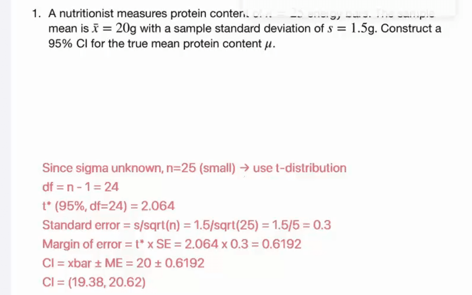 A worked confidence-interval solution written in red handwriting beneath a printed exercise